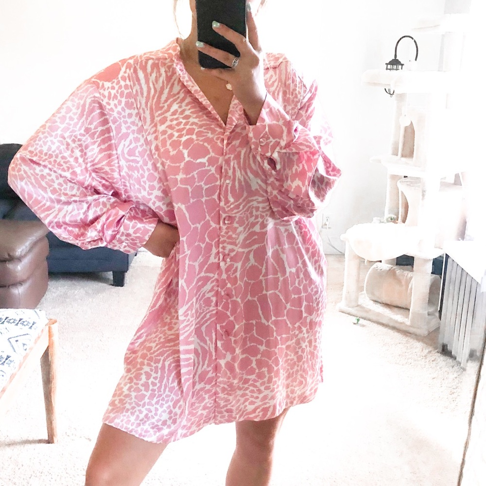 Aileen Pink Silky Animal Print Long Button Down 3X